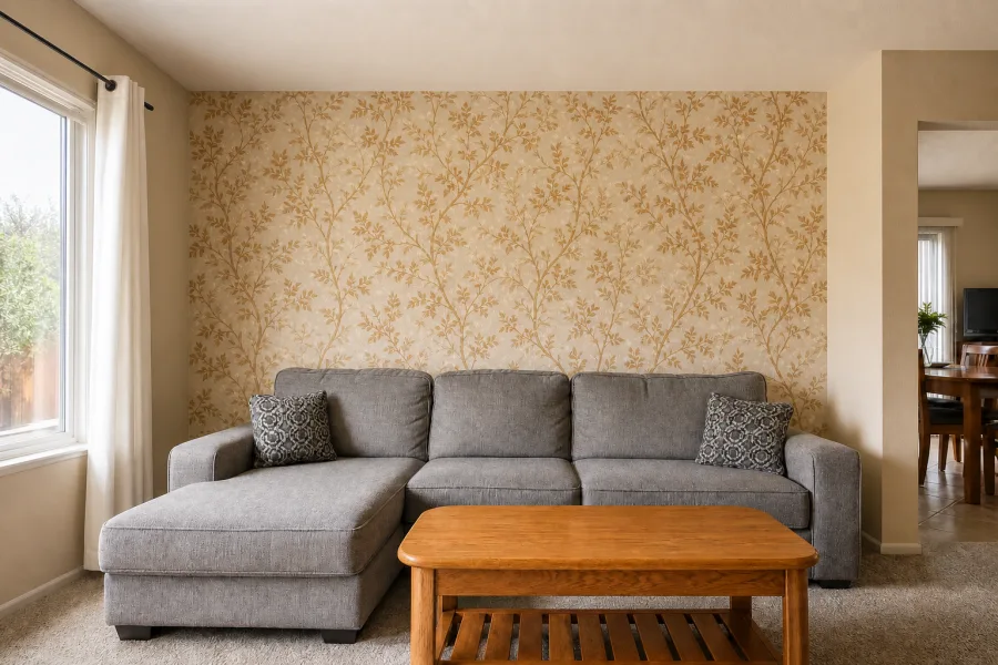 Same living room after golden-ochre botanical wallpaper installation