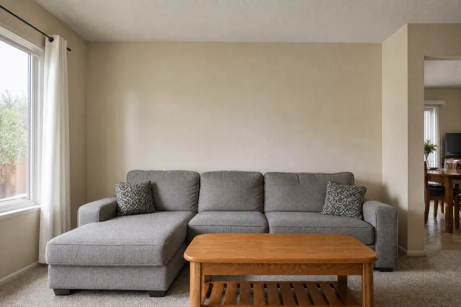 Living room with plain walls before wallpaper