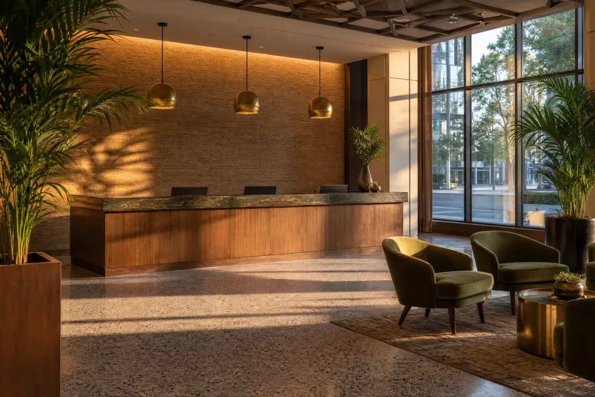 Hotel lobby with textured wallcovering, brass details, and olive lounge chairs