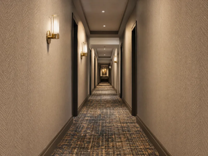 Hotel corridor with taupe herringbone commercial wallcovering