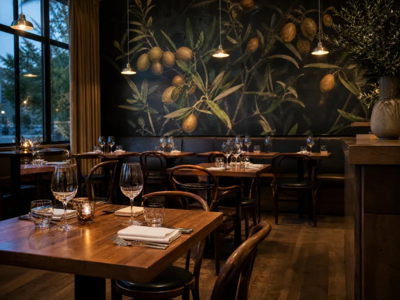 Restaurant dining wall with olive branch mural wallcovering