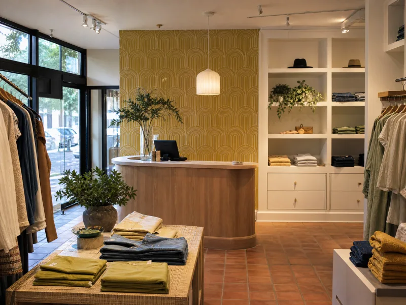Boutique retail wall with mustard arch-pattern wallpaper