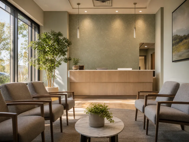 Medical office waiting area with sage leaf-pattern wallcovering