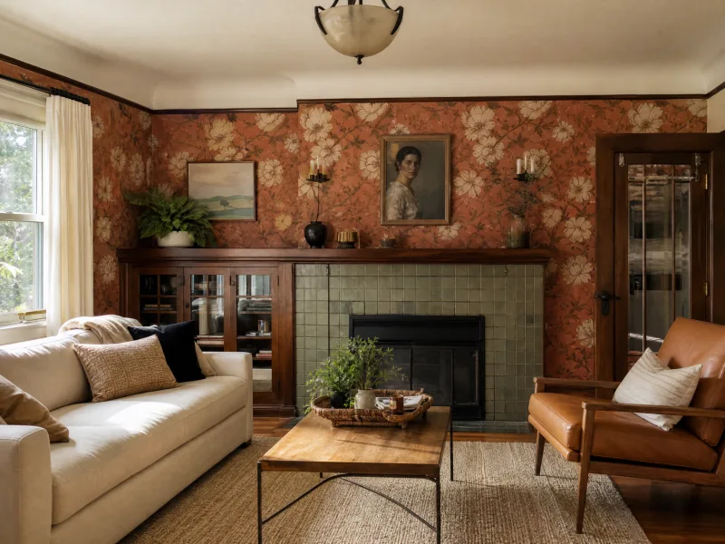 Living room accent wall with terracotta floral wallpaper in a Sacramento bungalow