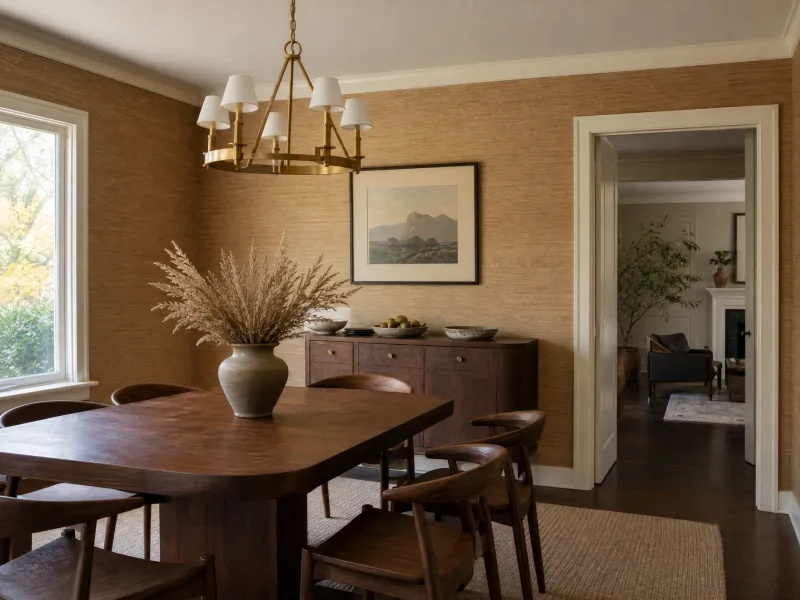 Dining room with honey-toned grasscloth wallpaper and walnut table