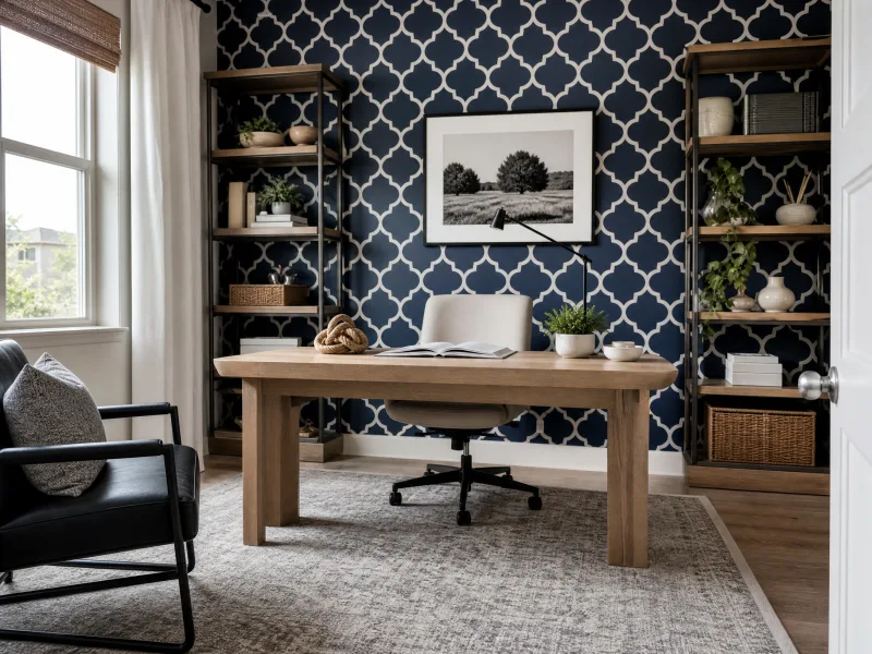 Home office with navy trellis wallpaper and white built-in shelves