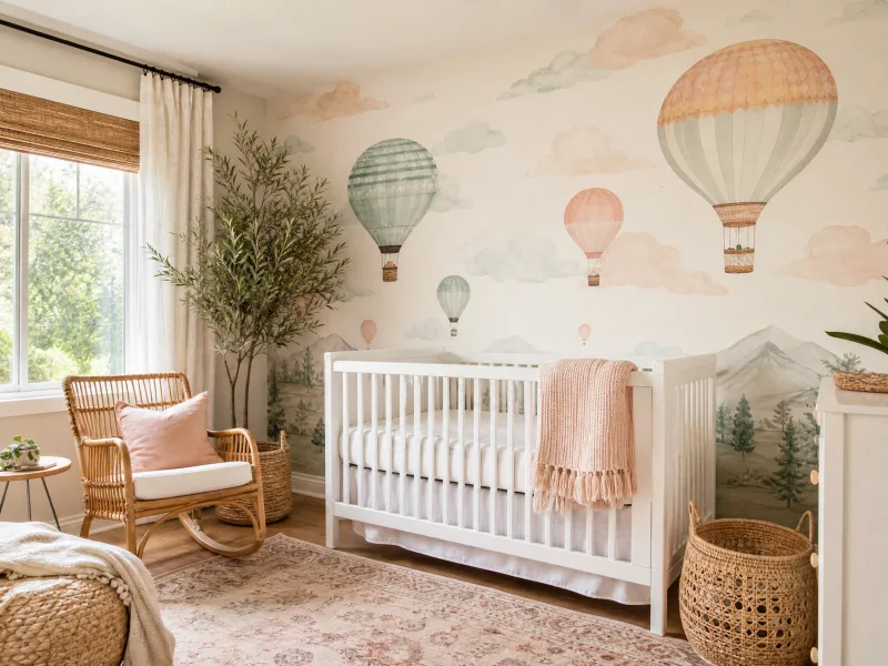 Hot air balloon mural wallpaper in a nursery above a crib