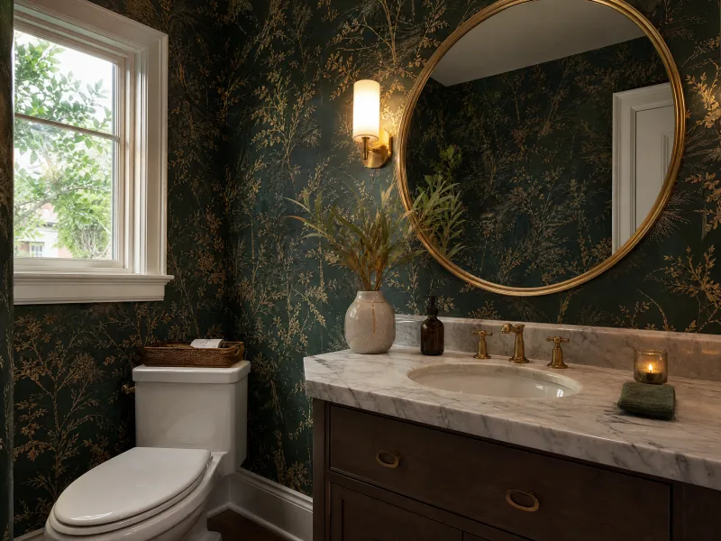 Dark green and gold botanical wallpaper in a powder room