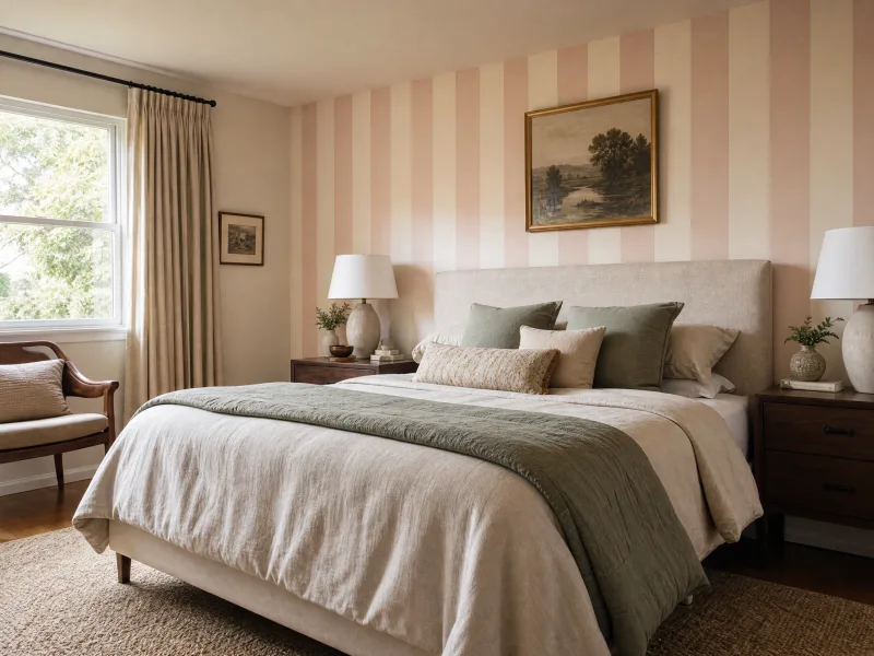 Blush ticking-stripe wallpaper in a bedroom with rattan headboard