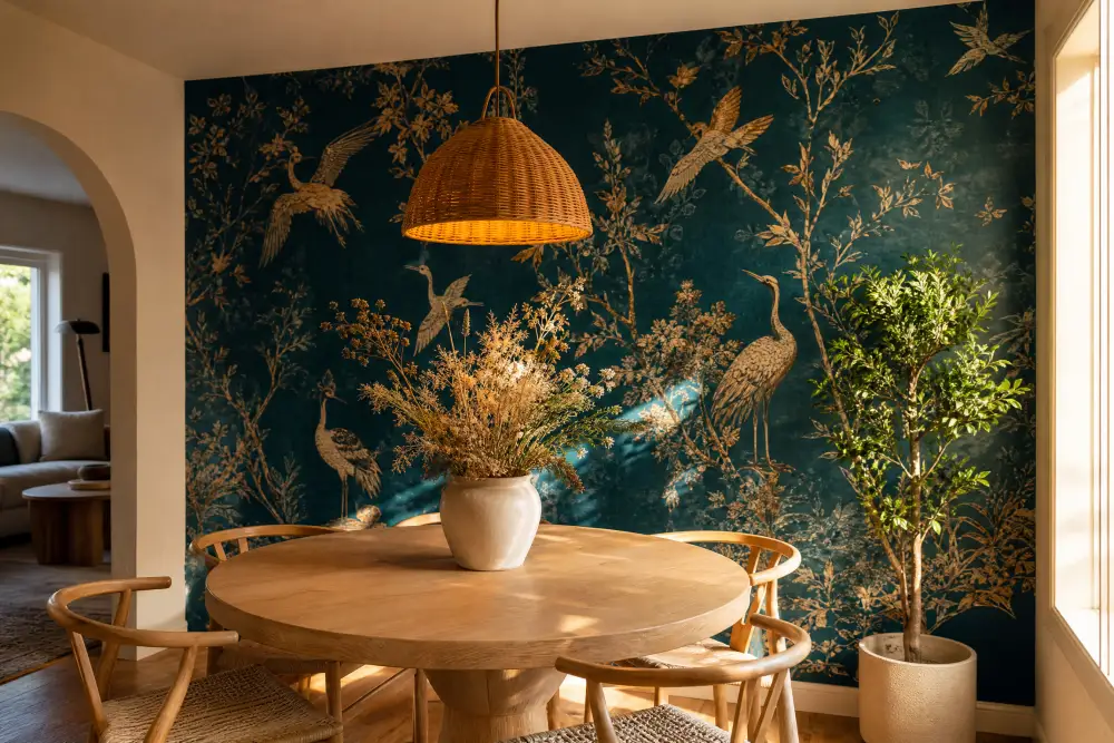 Teal wallpaper with gold crane pattern on a bedroom accent wall