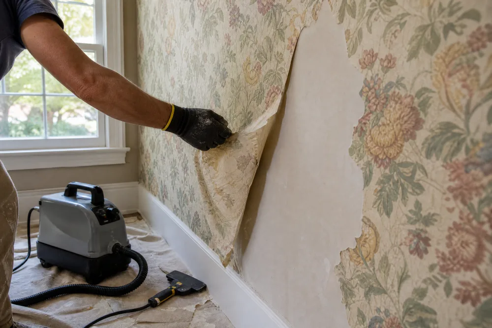Installer removing old wallpaper from a wall during preparation